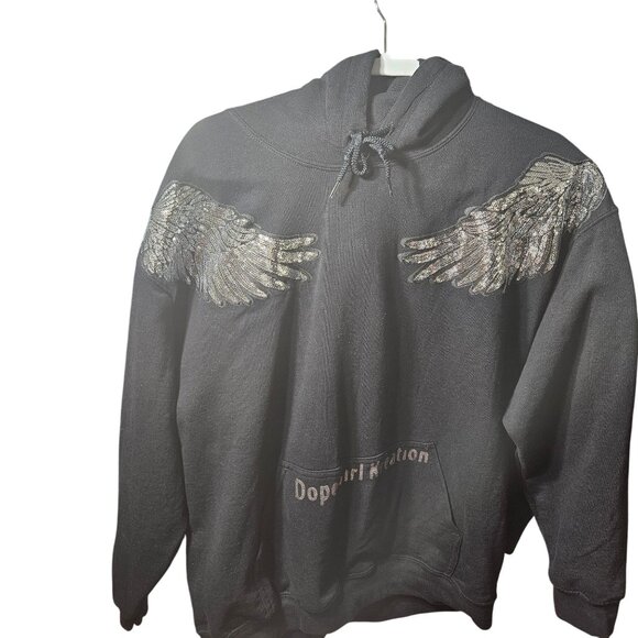 Dope Girl Kreation Tops - Dope Girl Kreation Black Hoodie With Silver Sequin Angel Wings Design Size XL
